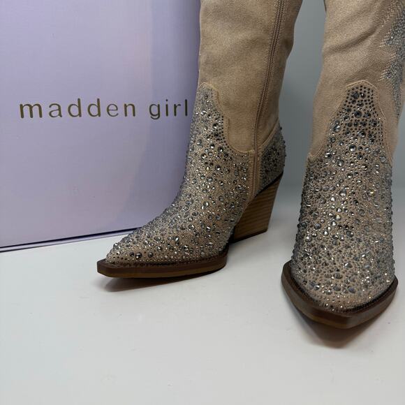 Madden Girl Apple Western Boots Womens 8 Sand Rhinestones Cowboy Boots NIB - Picture 2 of 15